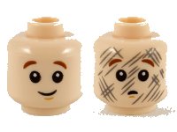 LEGO part Minifigure, Head Dual Sided Child Reddish Brown Eyebrows, Medium Nougat Chin Dimple, Grin / Worried with Dark Bluish Gray Scuff Marks Pattern 3626pb2729
