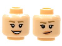 LEGO part Minifigure, Head Dual Sided Female Dark Tan Eyebrows, Nougat Lips, Open Mouth Smile with Teeth / Lopsided Grin with Raised Eyebrow Pattern - Hollow Stud 3626pb2798