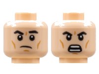 LEGO onderdeel Minifigure, Head Dual Sided, Black Eyebrows, Dark Orange Cheek Lines, Frown Left Eyebrow Raised / Open Scowl Pattern - Hollow Stud 3626pb2840