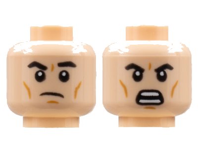LEGO onderdeel Minifigure, Head Dual Sided, Black Eyebrows, Dark Orange Cheek Lines, Frown Left Eyebrow Raised / Open Scowl Pattern - Hollow Stud (3626pb2840)