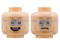 LEGO part Minifigure, Head Dual Sided, Medium Nougat Eyebrows and Cheek Lines, Silver Glasses, Smile / Scowl Pattern - Hollow Stud 3626pb2845