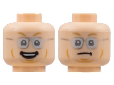 LEGO part Minifigure, Head Dual Sided, Medium Nougat Eyebrows and Cheek Lines, Silver Glasses, Smile / Scowl Pattern - Hollow Stud (3626pb2845)