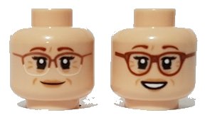 LEGO onderdeel Minifigure, Head Dual Sided Female, Reddish Brown Eyebrows, Cheek and Brow Lines, Glasses, Smile / Open Mouth Smile Pattern - Hollow Stud (3626pb2910)