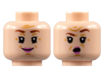 LEGO part Minifigure, Head Dual Sided Female, Reddish Brown Eyebrows, Medium Nougat Wrinkles, Dark Pink Lips, Smile / Surprised Pattern - Hollow Stud (3626pb3114)