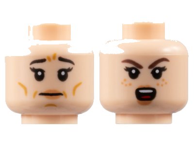 LEGO part Minifigure, Head Dual Sided Female, Black Eyebrows, Peach Lips, Medium Nougat Wrinkles / Reddish Brown Eyebrows, Angry Pattern - Hollow Stud (3626pb3116)