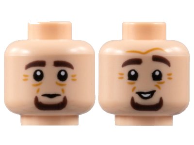 LEGO part Minifigure, Head Dual Side, Dark Brown Eyebrows and Goatee, Medium Nougat Wrinkles, Neutral / Smile Pattern - Hollow Stud (3626pb3119)
