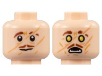 LEGO part Minifigure, Head Dual Sided Reddish Brown Eyebrows and Moustache, Slash Scars, Neutral / Yellow Eyes and White Fangs Pattern 3626pb3121