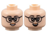 LEGO part Minifigure, Head Dual Sided Female, Black Eyebrows and Glasses, Peach Lips, Grin with Teeth / Open Mouth Smile Pattern - Hollow Stud 3626pb3129
