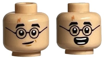 LEGO part Minifigure, Head Dual Sided Black Eyebrows and Glasses, Medium Nougat Lightning Scar, Lopsided Grin / Open Mouth Smile with Teeth Parted Pattern - Hollow Stud (3626pb3146)