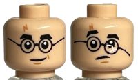 LEGO part Minifigure, Head Dual Sided Medium Nougat Lightning Scar, Black Eyebrows, Glasses Round, Chin Dimple, Smirk / Frown with Broken Glasses Pattern - Hollow Stud 3626pb3188