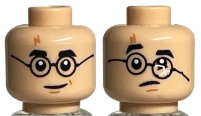 LEGO part Minifigure, Head Dual Sided Medium Nougat Lightning Scar, Black Eyebrows, Glasses Round, Chin Dimple, Smirk / Frown with Broken Glasses Pattern - Hollow Stud (3626pb3188)