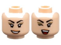 LEGO part Minifigure, Head Dual Sided Female Black Angled Eyebrows and Eyelashes, Dark Tan Eye Shadow, Nougat Lips, Open Mouth Smile with Teeth / Winking, Red Tongue Pattern - Vented Stud 3626pb3456