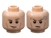 LEGO part Minifigure, Head Dual Sided Dark Tan Eyebrows, Medium Nougat Cheek Lines and Chin Dimple, Smirk / Scowl with Scar and Bandage Pattern - Vented Stud 3626pb3460