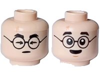 LEGO part Minifigure, Head Dual Sided Black Eyebrows and Glasses, Nougat Lightning Scar, Arrow Shaped Closed Eyes /  Surprised Open Eyes and Chin Dimple Pattern - Vented Stud 3626pb3549