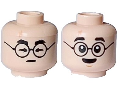LEGO part Minifigure, Head Dual Sided Black Eyebrows and Glasses, Nougat Lightning Scar, Arrow Shaped Closed Eyes /  Surprised Open Eyes and Chin Dimple Pattern - Vented Stud (3626pb3549)