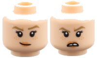 LEGO part Minifigure, Head Dual Sided Female, Dark Tan Eyebrows, Silver Eyebrow Piercing, Nougat Freckles and Lips, Lopsided Grin / Open Mouth Scowl with Tooth Gap Pattern 3626pb3950