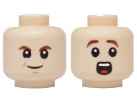 LEGO part Minifigure, Head Dual Sided Child Reddish Brown Eyebrows, Grin with Medium Nougat Dimples / Raised Eyebrows, Surprised Open Mouth with Teeth and Red Tongue Pattern 3626pb4049