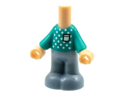 LEGO onderdeel Micro Doll, Body with Molded Dark Turquoise Top and Sand Blue Pants and Printed White Dots and Pocket Pattern (65224pb007)