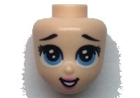 LEGO part Mini Doll, Head Friends with Black Eyebrows Raised, Eyelashes, Large Medium Blue Eyes, Dark Pink Lips, and Open Mouth Smile with Teeth Pattern 66572