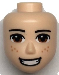 LEGO part Mini Doll, Head Friends Male Large with Reddish Brown Eyes, Freckles, Smiling with Teeth Pattern 84869