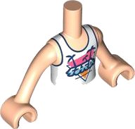 LEGO part Torso Mini Doll Boy White Shirt with Metallic Light Blue Writing, Dark Blue Trim and Palm Trees Pattern, Nougat Arms with Hands FTBpb093c01