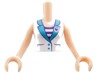 LEGO part Torso Mini Doll Girl White Vest with Dark Purple Heart over White and Dark Purple Striped Shirt Pattern, Light Nougat Arms with Hands (FTGpb074c01)