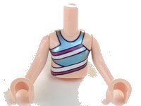 LEGO part Torso Mini Doll Girl Metallic Light Blue Swimsuit Top with Magenta and White Diagonal Stripes Pattern, Light Nougat Arms with Hands FTGpb236c01