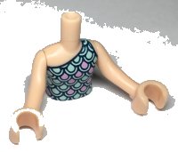 LEGO part Torso Mini Doll Girl Light Aqua and Bright Pink Scallop Top with Dark Blue Highlights Pattern, Light Nougat Arms with Hands FTGpb243c01