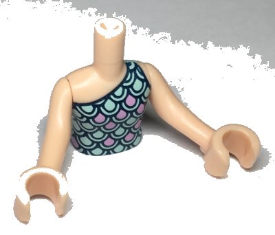 LEGO part Torso Mini Doll Girl Light Aqua and Bright Pink Scallop Top with Dark Blue Highlights Pattern, Light Nougat Arms with Hands (FTGpb243c01)