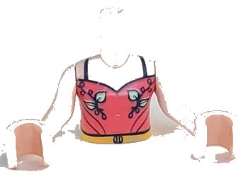 LEGO onderdeel Torso Mini Doll Girl Top with Coral Halter Top, Bright Light Green Leaves and Yellow Belt Pattern, Light Nougat Arms with Hands (ftgpb252c01)