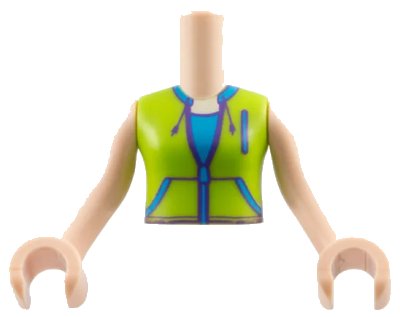 LEGO onderdeel Torso Mini Doll Girl Lime Jacket Vest with Pockets over Dark Azure Shirt Pattern, Light Nougat Arms with Hands (ftgpb257c01)