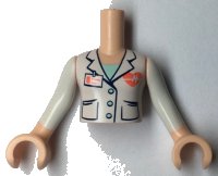 LEGO part Torso Mini Doll Girl White Jacket with 3 Buttons, Coral Name Tag and Beating Heart Pattern, Light Nougat Arms with Hands with White Sleeves FTGpb265c01