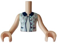 LEGO part Torso Mini Doll Girl Light Aqua Sleeveless Vest with Dark Blue Pockets, Buttons and Collar, and Metallic Pink Branches over White Shirt Pattern, Light Nougat Arms with Hands FTGpb427c01