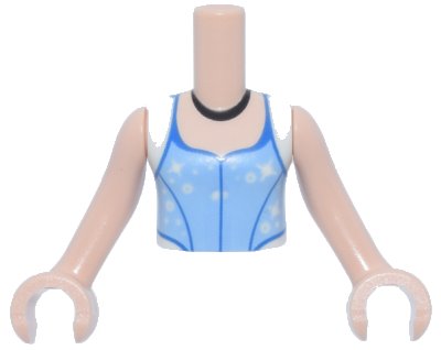LEGO part Torso Mini Doll Girl Bright Light Blue Top with White Cap Sleeves, Blue Trim, White Dots and Sparkles, Black Necklace Pattern, Light Nougat Arms with Hands (FTGpb502c01)