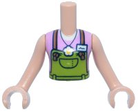 LEGO part Torso Mini Doll Girl Lime Overalls, Medium Nougat Straps, White Flower Pendant and Name Tag Over Bright Pink Sleeveless Top Pattern, Light Nougat Arms with Hands FTGpb532c01