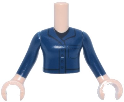 LEGO part Torso Mini Doll Girl Coveralls with Black Trim, Buttons, Pocket and Undershirt Pattern, Light Nougat Arms with Hands and Dark Blue Long Sleeves (FTGpb541c01)