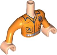 LEGO part Torso Mini Doll Man Orange Construction Vest with Pockets and Dark Blue Trim, Silver Reflective Stripe, Saw Blade on Back Pattern, Light Nougat Arms with Hands with Orange Long Sleeves FTMpb077c01