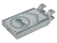 LEGO part Tile, Modified 2 x 3 with 2 Clips with Dark Bluish Gray Keyhole on Metallic Light Blue and Silver Clasp Pattern 30350bpb103