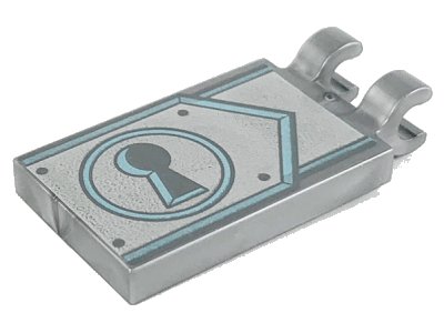 LEGO part Tile, Modified 2 x 3 with 2 Clips with Dark Bluish Gray Keyhole on Metallic Light Blue and Silver Clasp Pattern (30350bpb103)