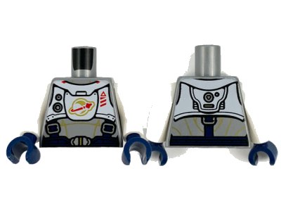 LEGO part Torso Spacesuit with Gold Lines, Dark Blue Harness with Silver Buckles, and White Panel with Classic Space Logo Pattern / White Arms / Dark Blue Hands (973pb3962c01)