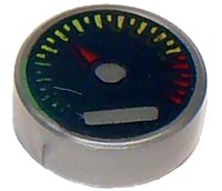 LEGO part Tile, Round 1 x 1 with Black Gauge with Red Pointer and Green, Yellow, and Red Tick Marks Pattern 98138pb010