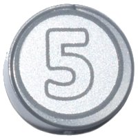 LEGO part Tile, Round 1 x 1 with Dark Bluish Gray Outlined Number 5 on Silver Background Coin Pattern 98138pb174