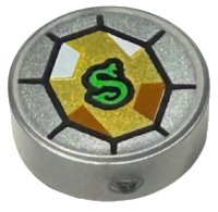 LEGO onderdeel Tile, Round 1 x 1 with Green Letter S Snake on Gold Jewel Pattern (HP Slytherin's Locket) 98138pb308
