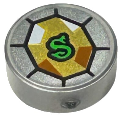 LEGO onderdeel Tile, Round 1 x 1 with Green Letter S Snake on Gold Jewel Pattern (HP Slytherin's Locket) (98138pb308)