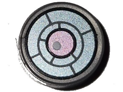 LEGO part Tile, Round 1 x 1 with Black, Dark Bluish Gray and Metallic Light Blue X-Ray Goggles with Metallic Pink Eye and White Glint Pattern (98138pb410)