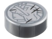 LEGO part Tile, Round 1 x 1 with Dark Silver Lady Liberty Head Profile and Black Scratches on Silver Background Coin Pattern 98138pb445