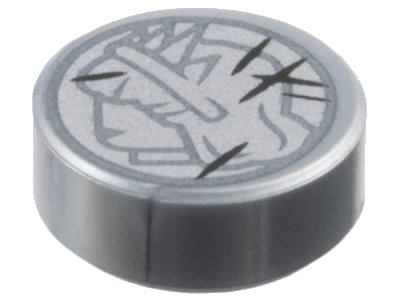 LEGO part Tile, Round 1 x 1 with Dark Silver Lady Liberty Head Profile and Black Scratches on Silver Background Coin Pattern (98138pb445)