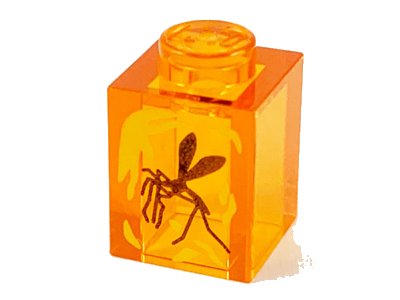 LEGO onderdeel Brick 1 x 1 with Yellow Streaks and Black Mosquito in Amber Pattern (3005pb041)