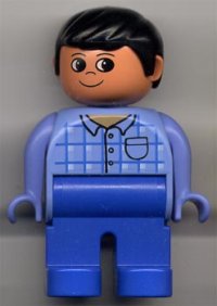LEGO part Duplo Figure, Male, Blue Legs, Blue Top Plaid with Pocket, Black Hair 4555pb028