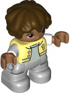 LEGO part Duplo Figure Lego Ville, Child Boy, Light Bluish Gray Legs, Bright Light Yellow Jacket with Number 1, Dark Brown Hair (6361834) 47205pb086